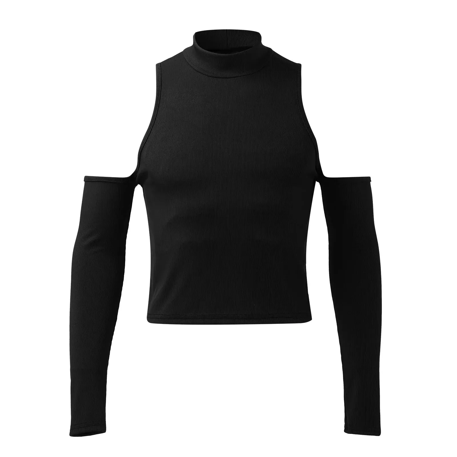 Jinquedai Men Hollow Out Long Sleeve T Shirt Casual Turtleneck Sweatshirt Streetwear Sexy Crop Off Shoulder Tops Summer