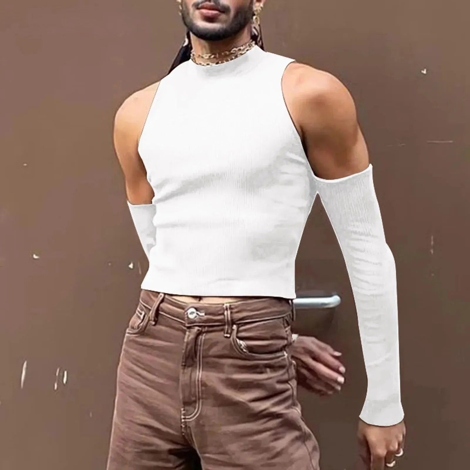 Jinquedai Men Hollow Out Long Sleeve T Shirt Casual Turtleneck Sweatshirt Streetwear Sexy Crop Off Shoulder Tops Summer