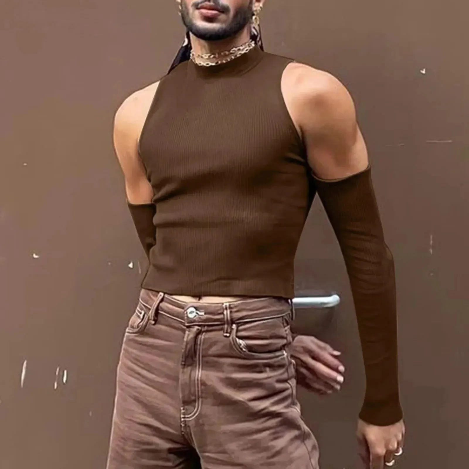 Jinquedai Men Hollow Out Long Sleeve T Shirt Casual Turtleneck Sweatshirt Streetwear Sexy Crop Off Shoulder Tops Summer