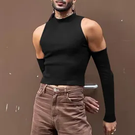 Jinquedai Men Hollow Out Long Sleeve T Shirt Casual Turtleneck Sweatshirt Streetwear Sexy Crop Off Shoulder Tops Summer