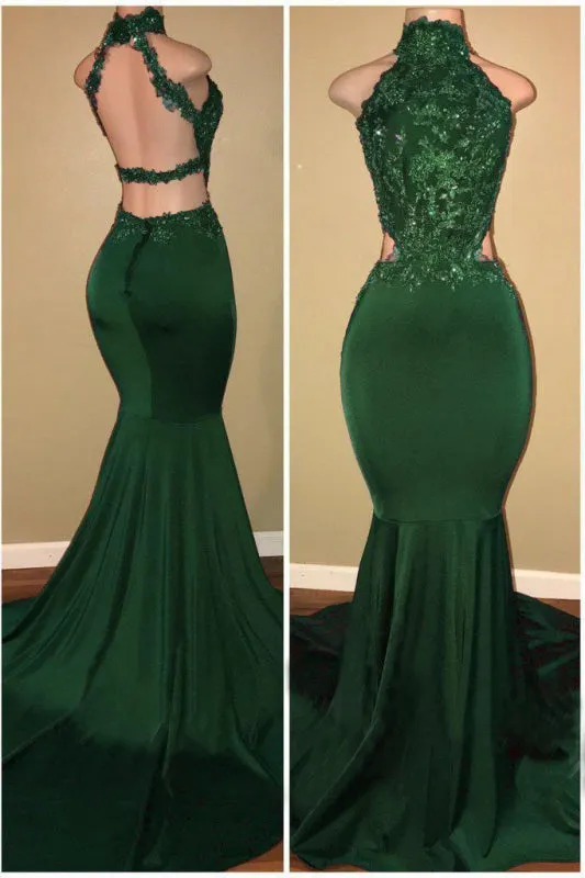 Latest Latest Wonderful Green High Neck Sleeveless Mermaid Long Prom with Appliques Sexy Party Dress