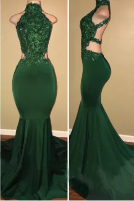 Latest Latest Wonderful Green High Neck Sleeveless Mermaid Long Prom with Appliques Sexy Party Dress