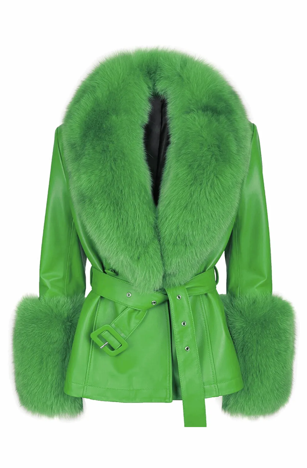 Leather jacket with fur collar and cuffs
