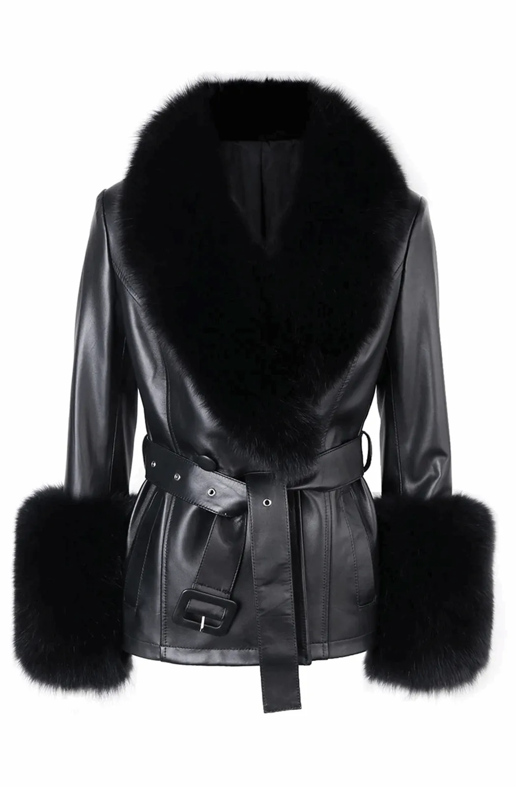 Leather jacket with fur collar and cuffs