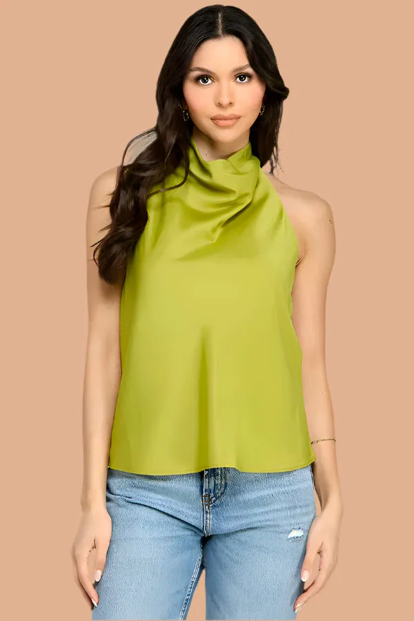 LOOK IMPRESSIVE SATIN COWL HALTER TOP - BLACK OR CITRON