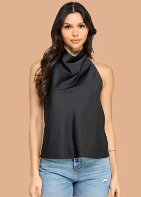 LOOK IMPRESSIVE SATIN COWL HALTER TOP - BLACK OR CITRON