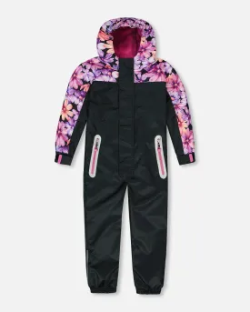 Mid-Season One-Piece Outerwear Black With Pink And Orange Flowers