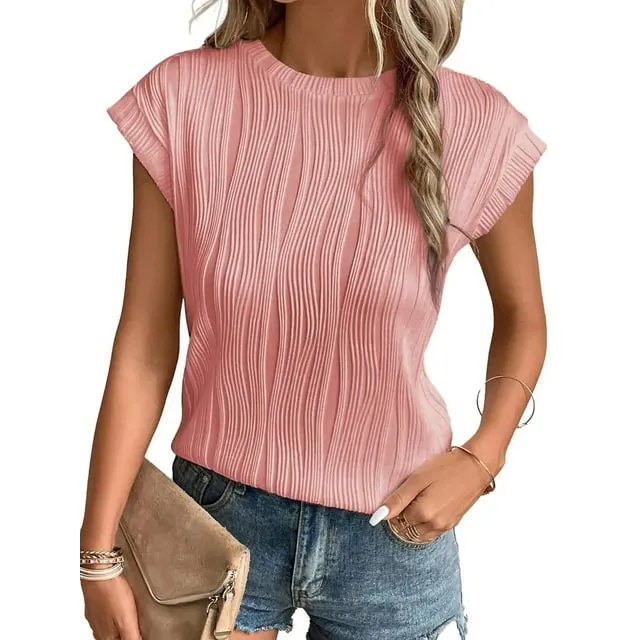 MOSHU Textured Womens Tops Casual Crewneck Basic Tee Shirts Cap Sleeve Summer Blouses