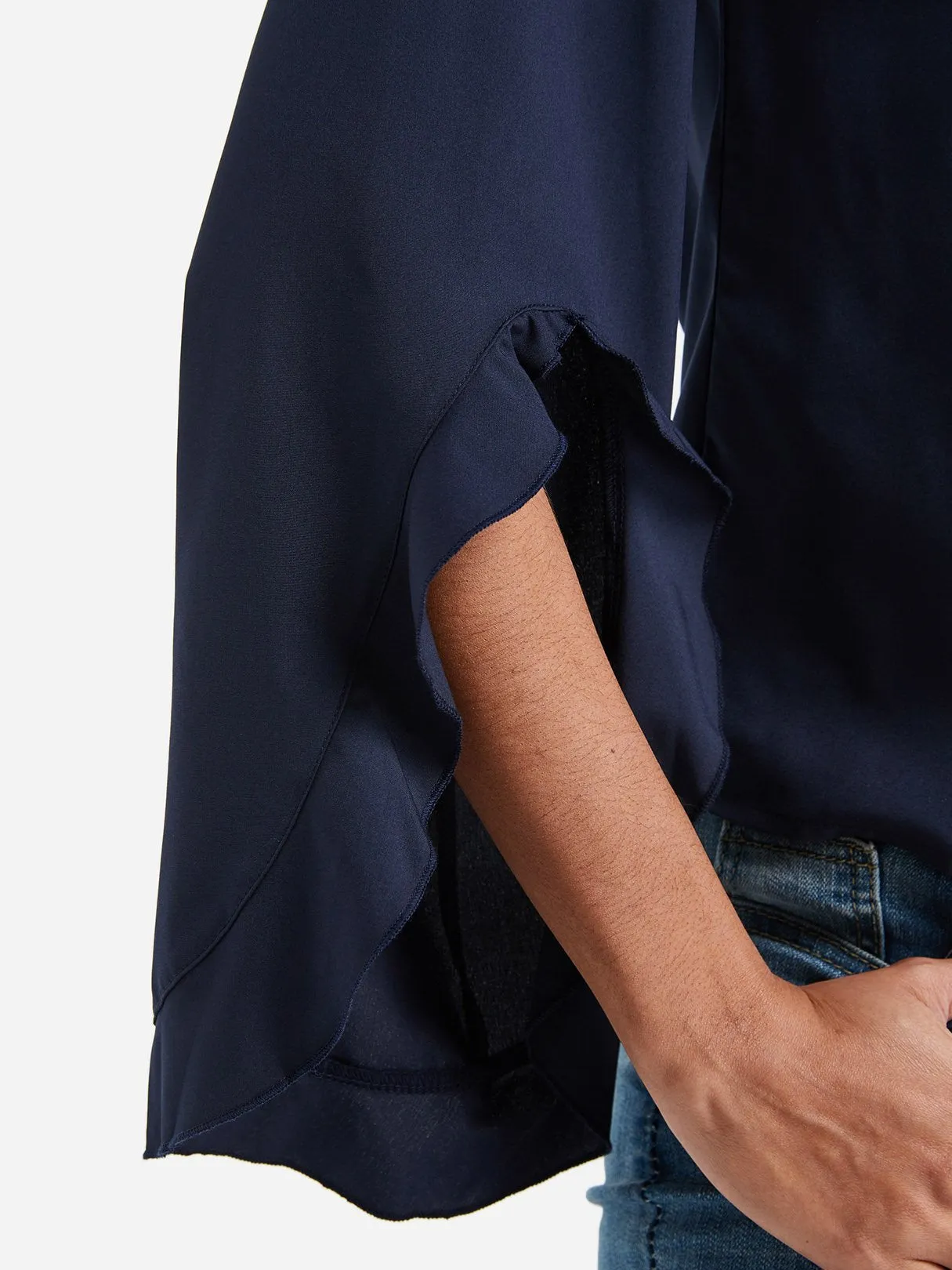 OEM ODM Crew Neck Plain Zip Back Cut Out Long Sleeve Navy Blouses