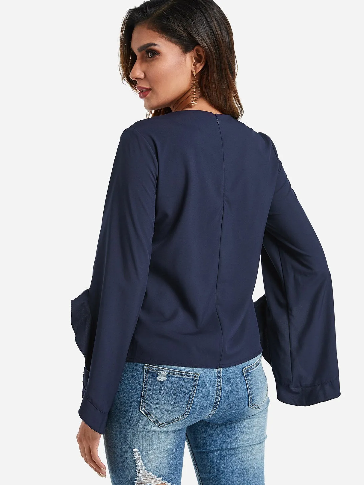 OEM ODM Crew Neck Plain Zip Back Cut Out Long Sleeve Navy Blouses