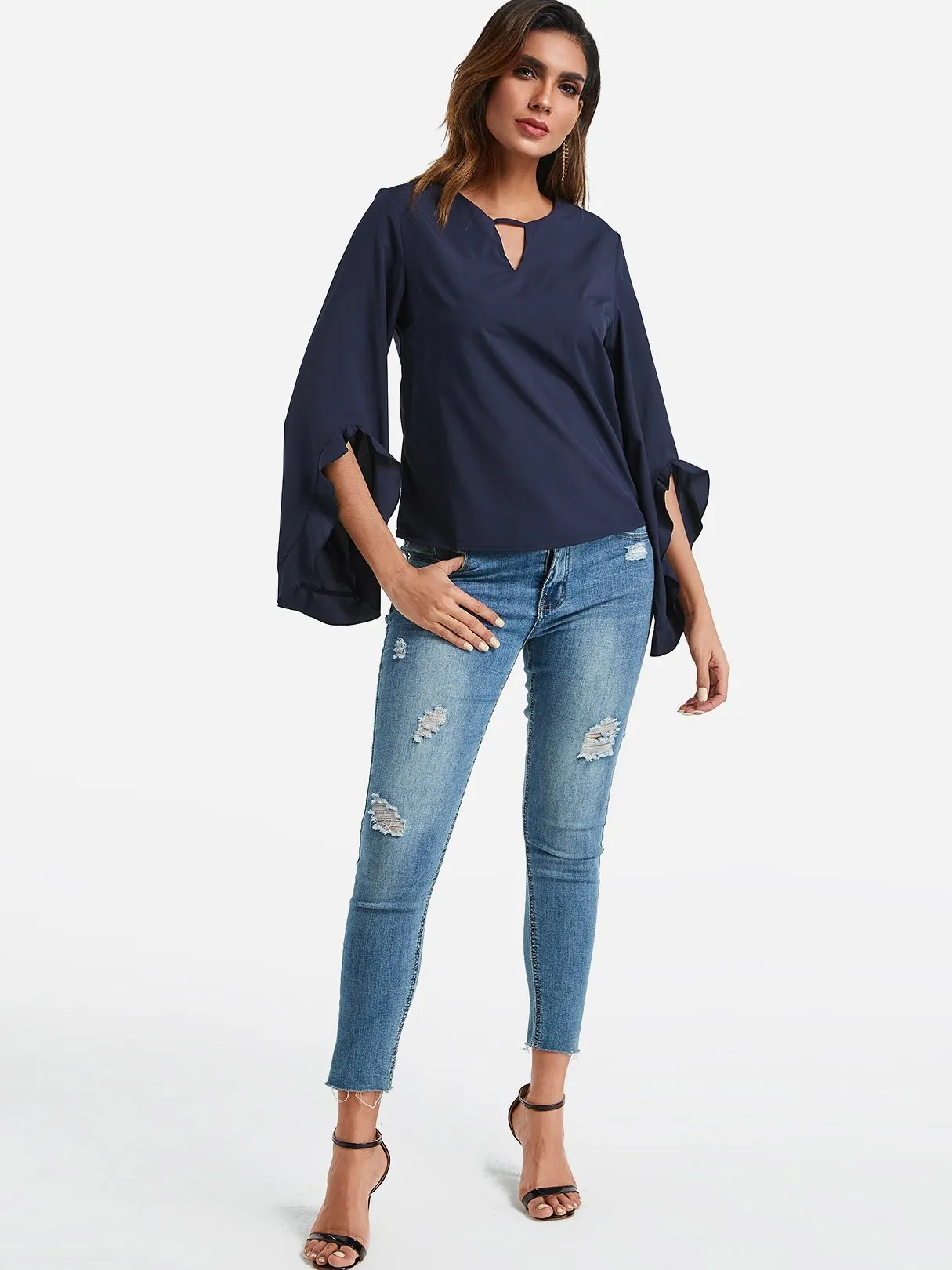 OEM ODM Crew Neck Plain Zip Back Cut Out Long Sleeve Navy Blouses