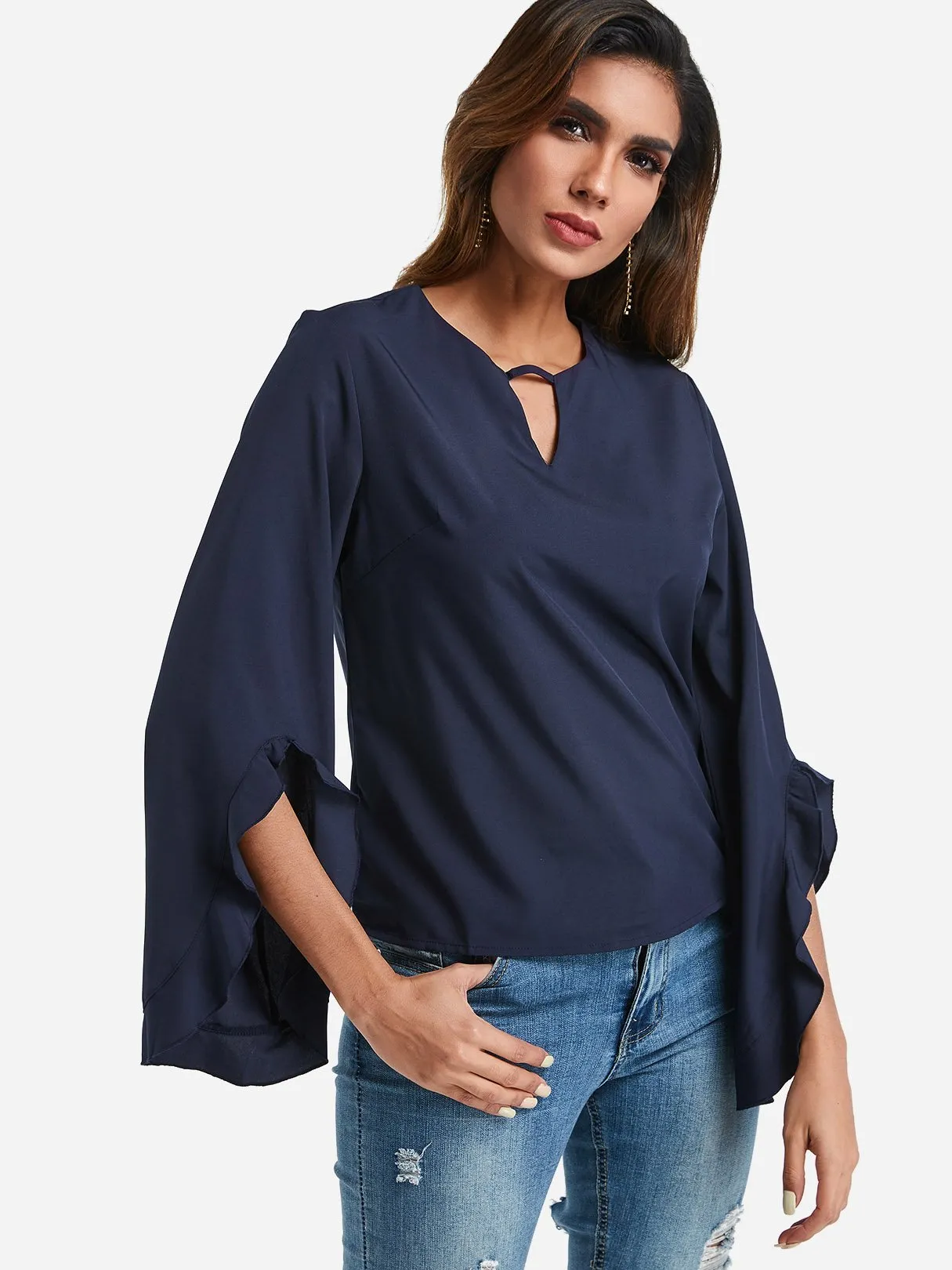 OEM ODM Crew Neck Plain Zip Back Cut Out Long Sleeve Navy Blouses