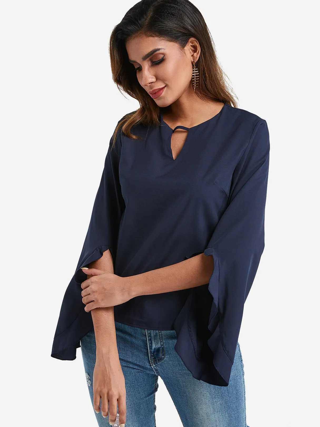 OEM ODM Crew Neck Plain Zip Back Cut Out Long Sleeve Navy Blouses