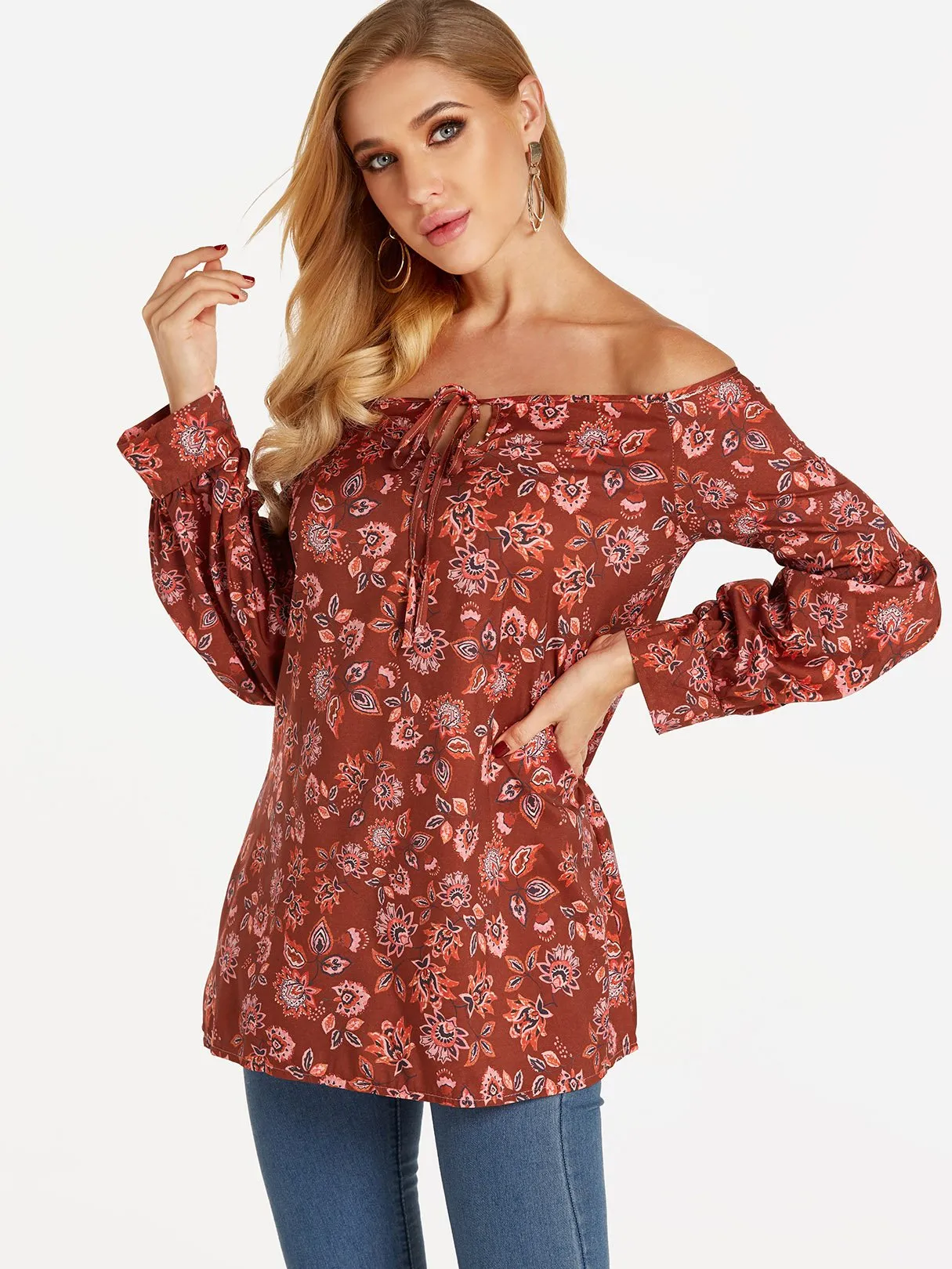 OEM ODM Off The Shoulder Floral Print Cut Out Long Sleeve Burgundy Blouses