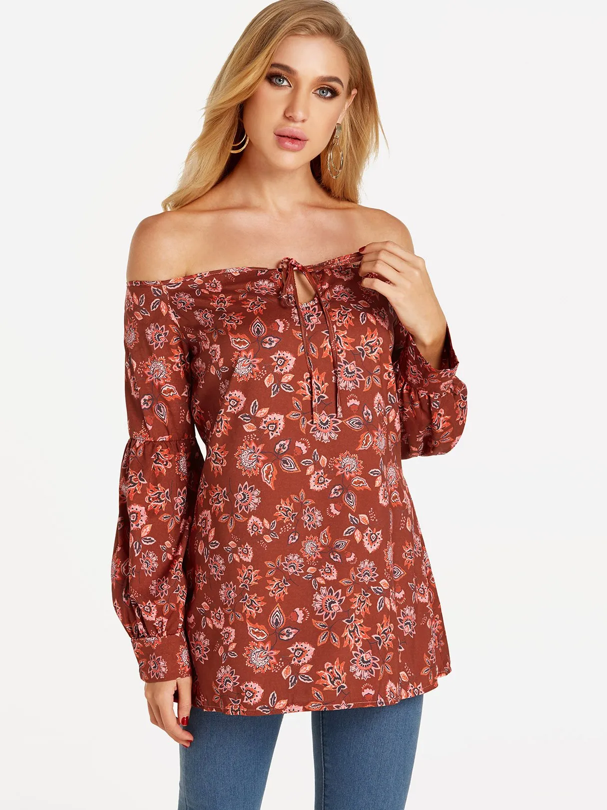 OEM ODM Off The Shoulder Floral Print Cut Out Long Sleeve Burgundy Blouses