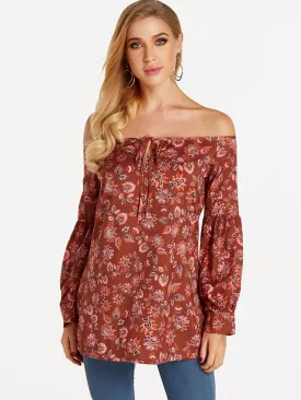 OEM ODM Off The Shoulder Floral Print Cut Out Long Sleeve Burgundy Blouses