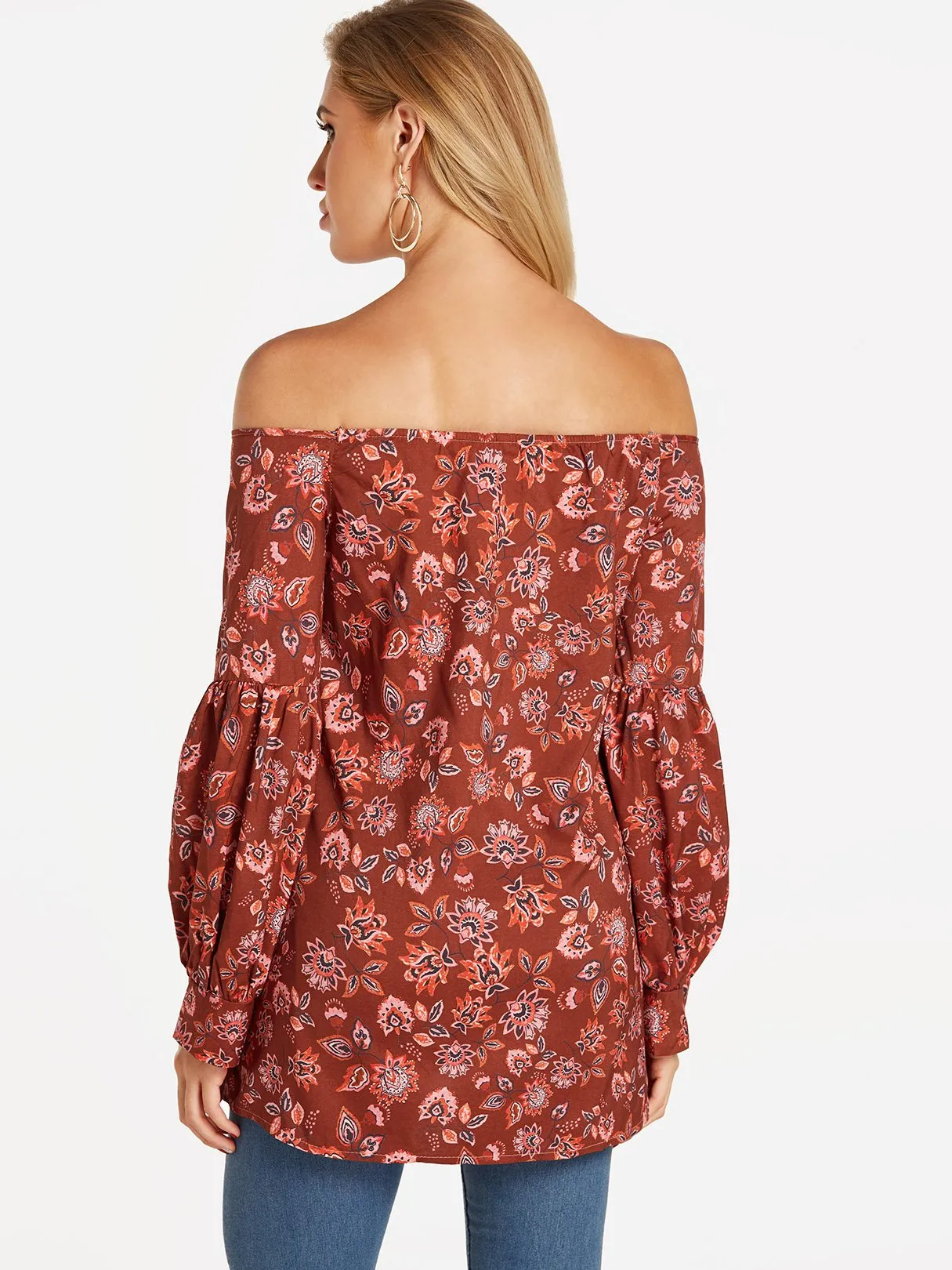 OEM ODM Off The Shoulder Floral Print Cut Out Long Sleeve Burgundy Blouses