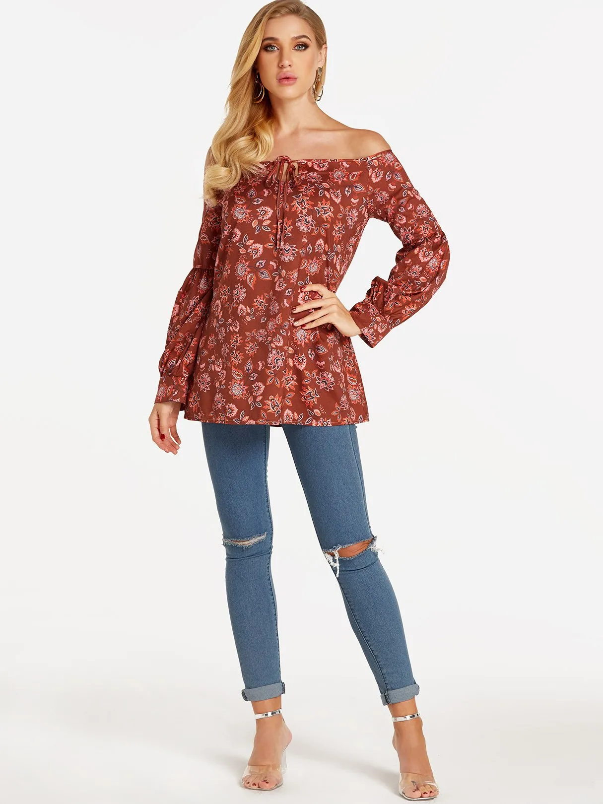 OEM ODM Off The Shoulder Floral Print Cut Out Long Sleeve Burgundy Blouses