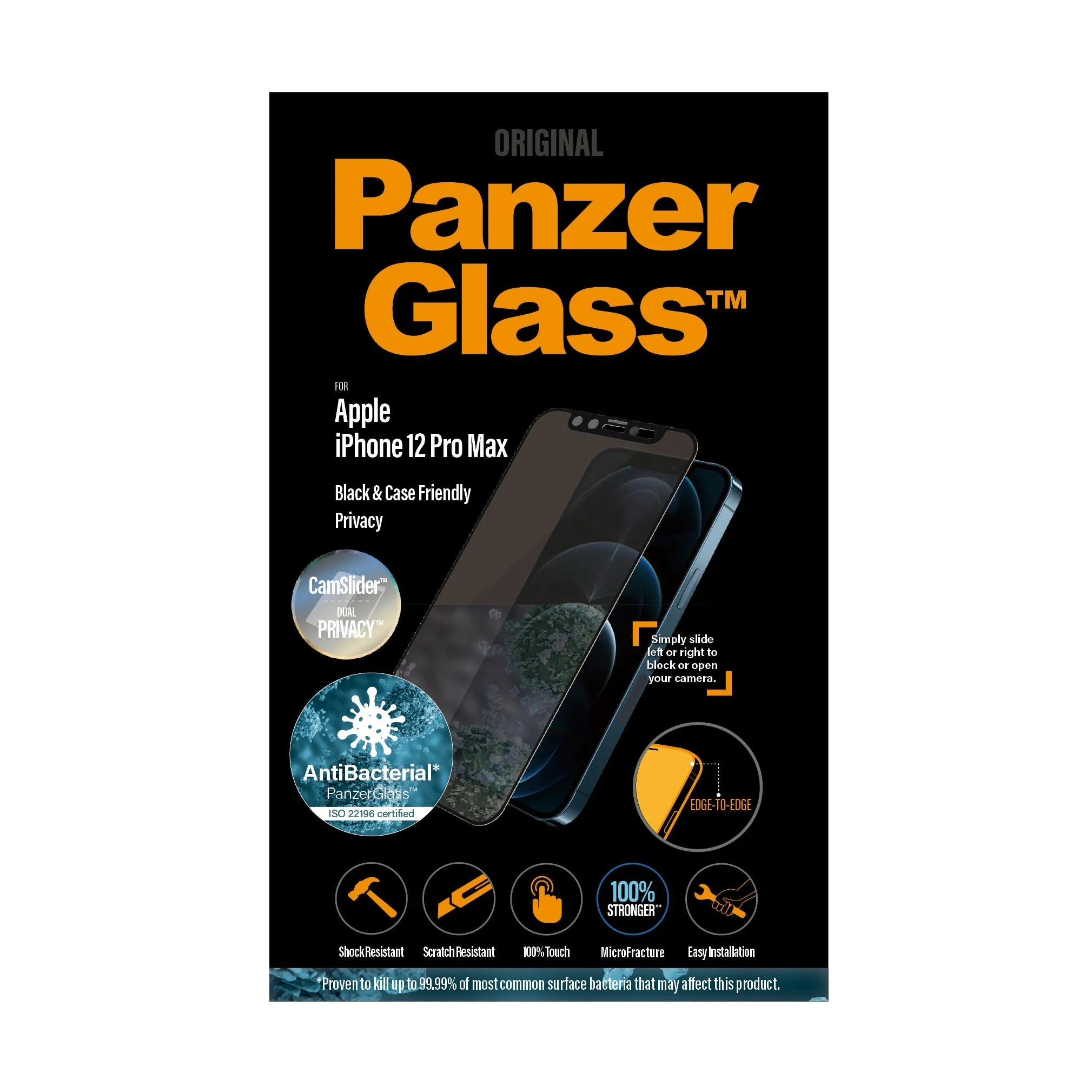 [OPEN BOX] PANZERGLASS iPhone 12 Pro Max - Cam Slider Black Frame w/ Anti-Microbial Screen Protector - Privacy