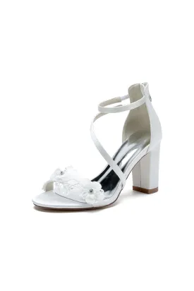 Open Toe Flower Ankle Strap Chunky Heels With Lace