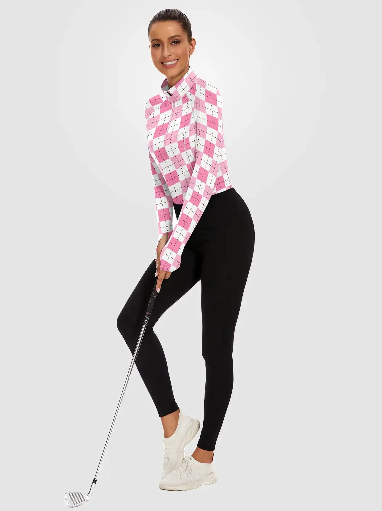 Pink Checkerboard Quarter-zip Long-sleeve Fleece Tops for Women
