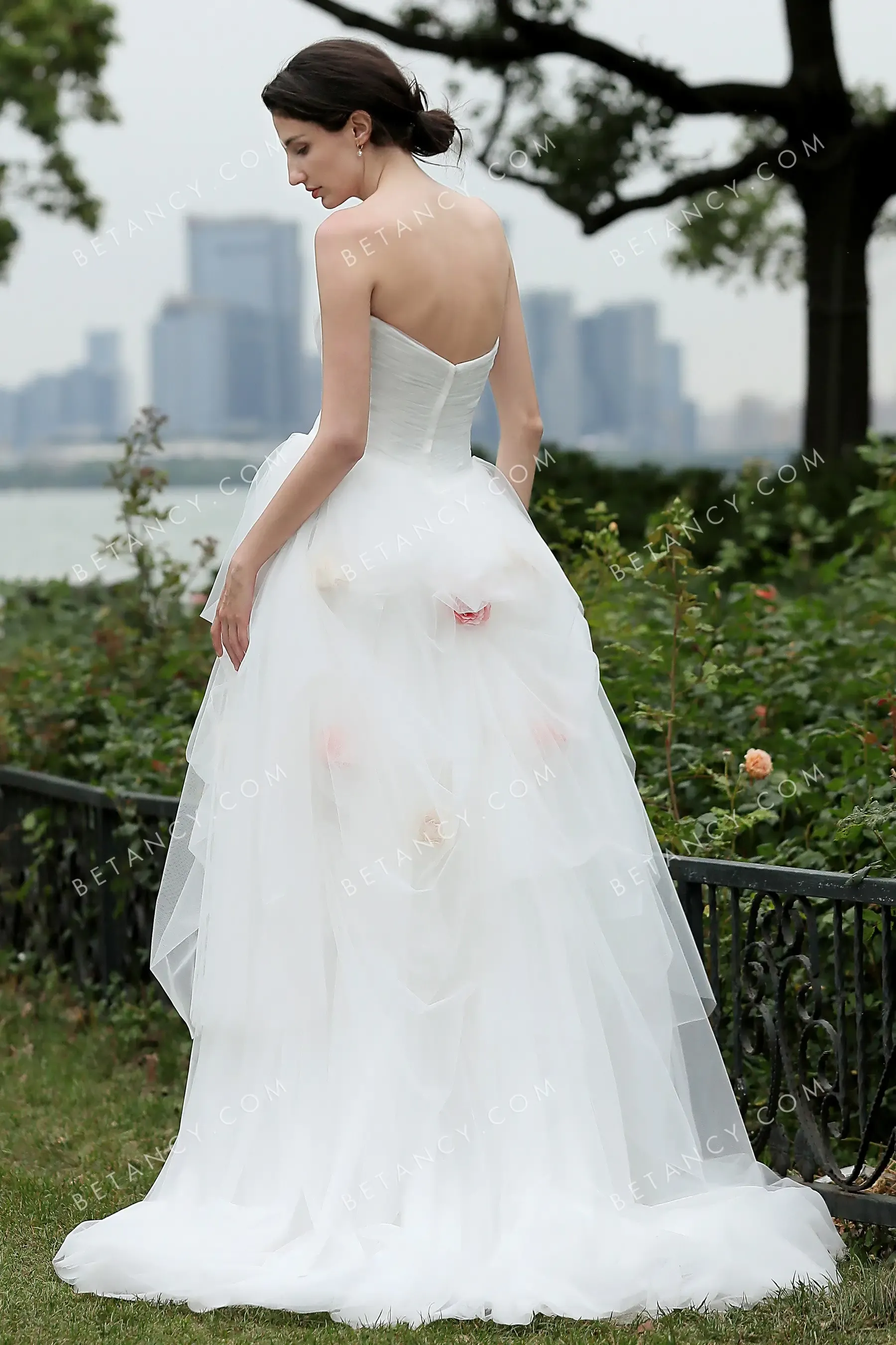 Pleated Tulle Pricess Bridal Gown with Flowers Adorned