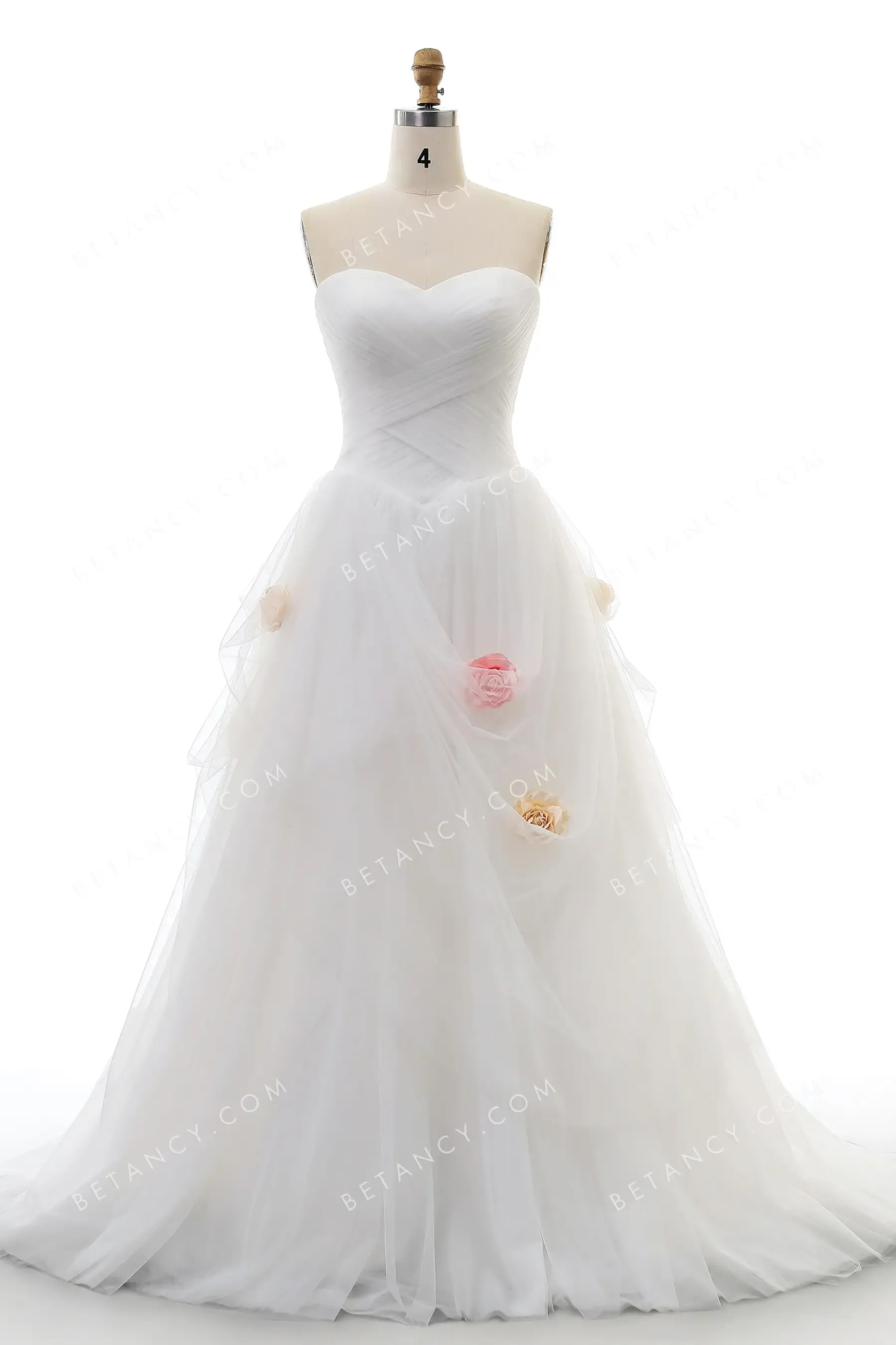 Pleated Tulle Pricess Bridal Gown with Flowers Adorned
