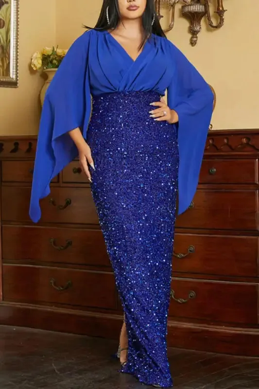 Plus Size Angel Sleeve Sequin Bottom  Floor Length Dress