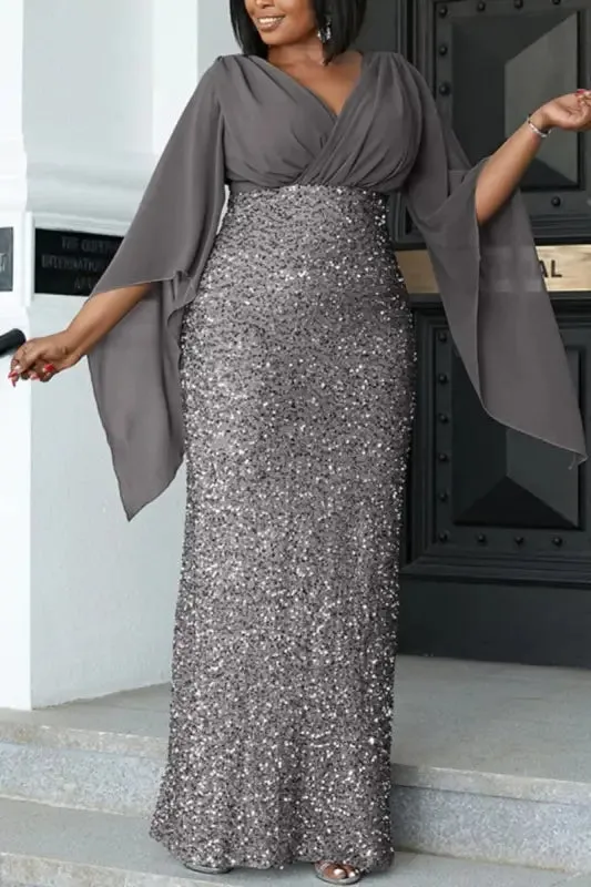 Plus Size Angel Sleeve Sequin Bottom  Floor Length Dress