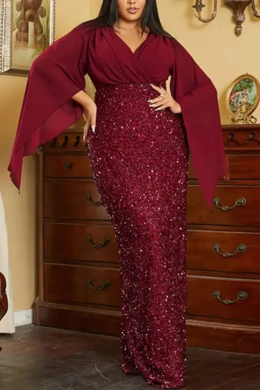Plus Size Angel Sleeve Sequin Bottom  Floor Length Dress