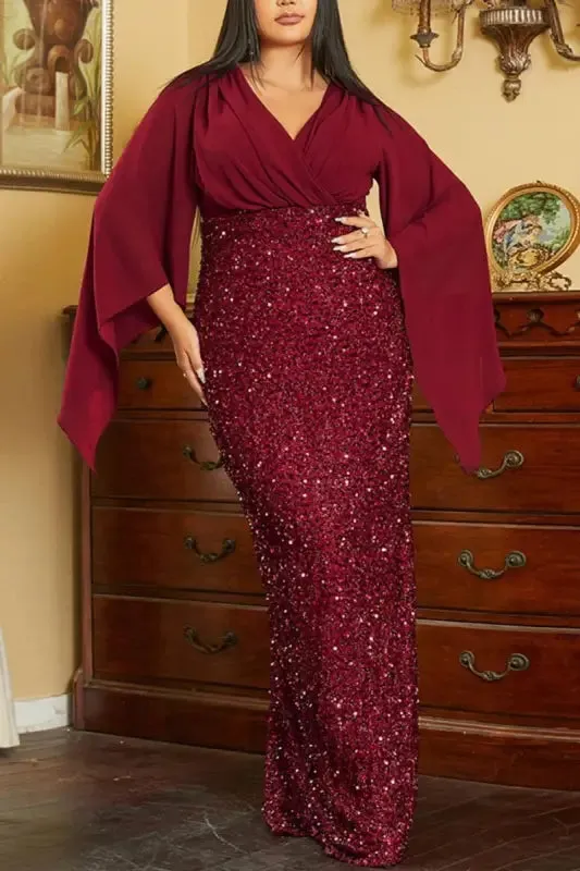 Plus Size Angel Sleeve Sequin Bottom  Floor Length Dress
