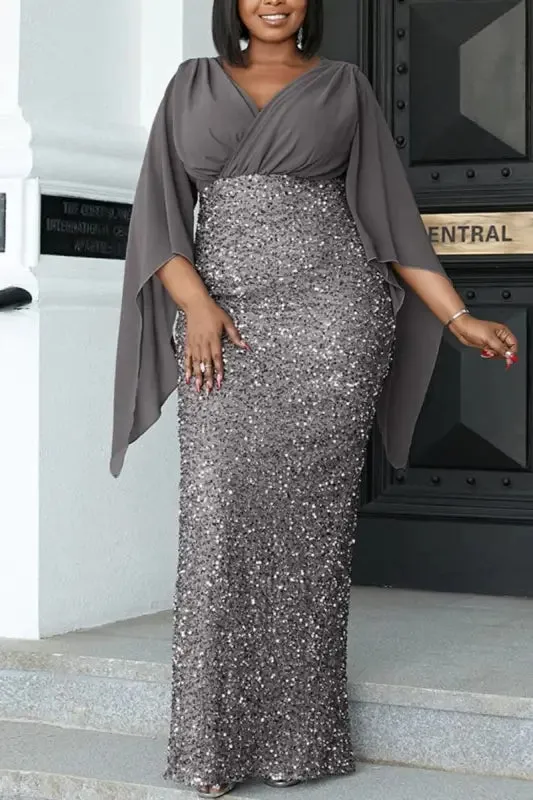 Plus Size Angel Sleeve Sequin Bottom  Floor Length Dress