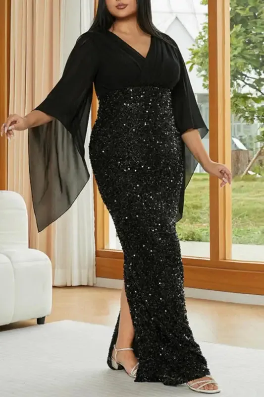 Plus Size Angel Sleeve Sequin Bottom  Floor Length Dress