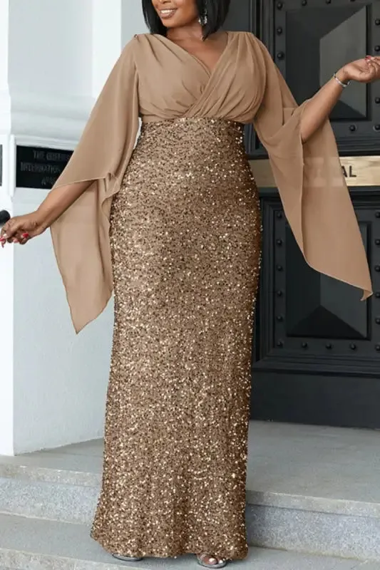 Plus Size Angel Sleeve Sequin Bottom  Floor Length Dress