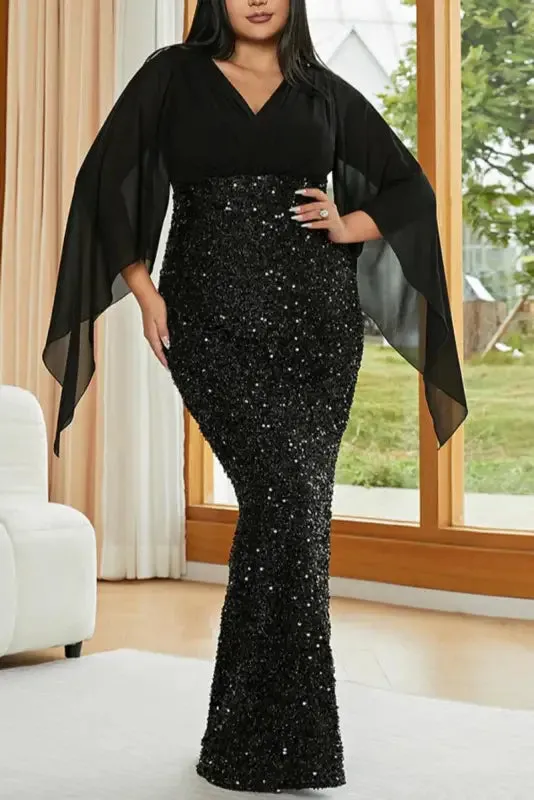 Plus Size Angel Sleeve Sequin Bottom  Floor Length Dress