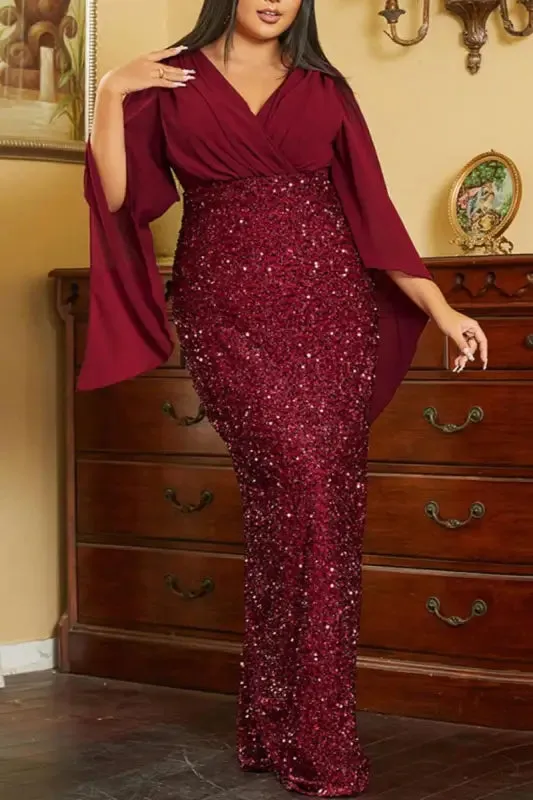 Plus Size Angel Sleeve Sequin Bottom  Floor Length Dress
