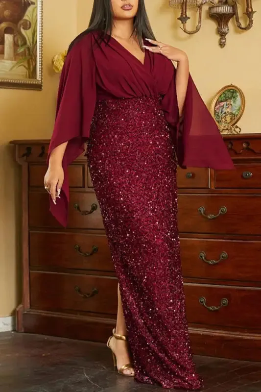 Plus Size Angel Sleeve Sequin Bottom  Floor Length Dress