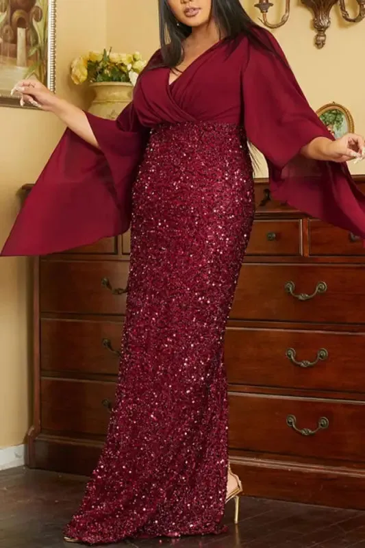 Plus Size Angel Sleeve Sequin Bottom  Floor Length Dress