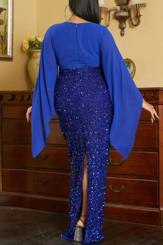 Plus Size Angel Sleeve Sequin Bottom  Floor Length Dress