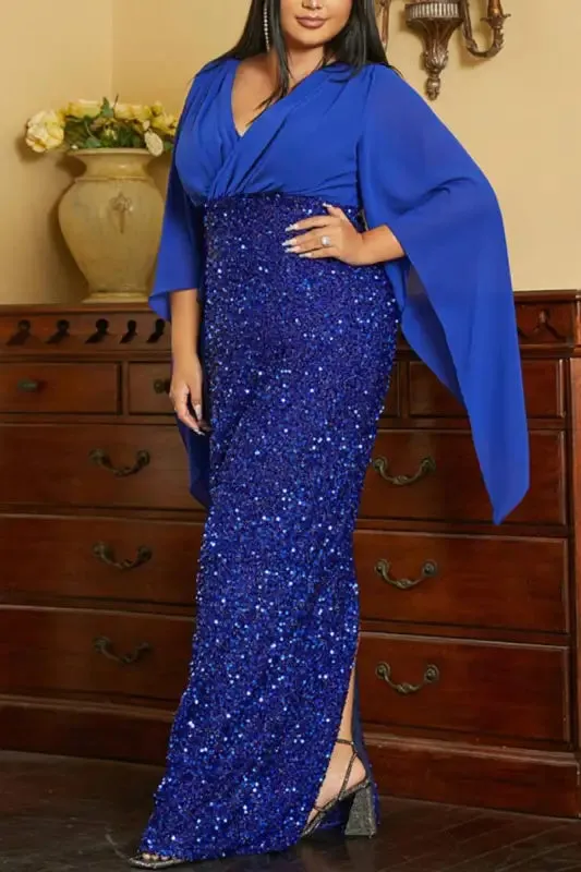 Plus Size Angel Sleeve Sequin Bottom  Floor Length Dress