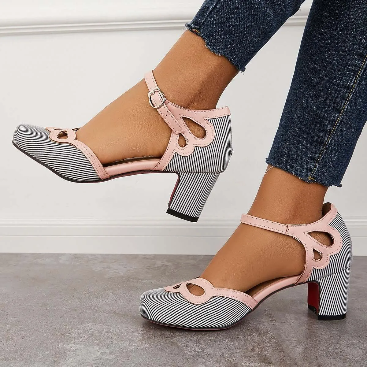 Sohiwoo woman formal Casual Block Mid Heel Pumps Ankle Strap Dress Heels