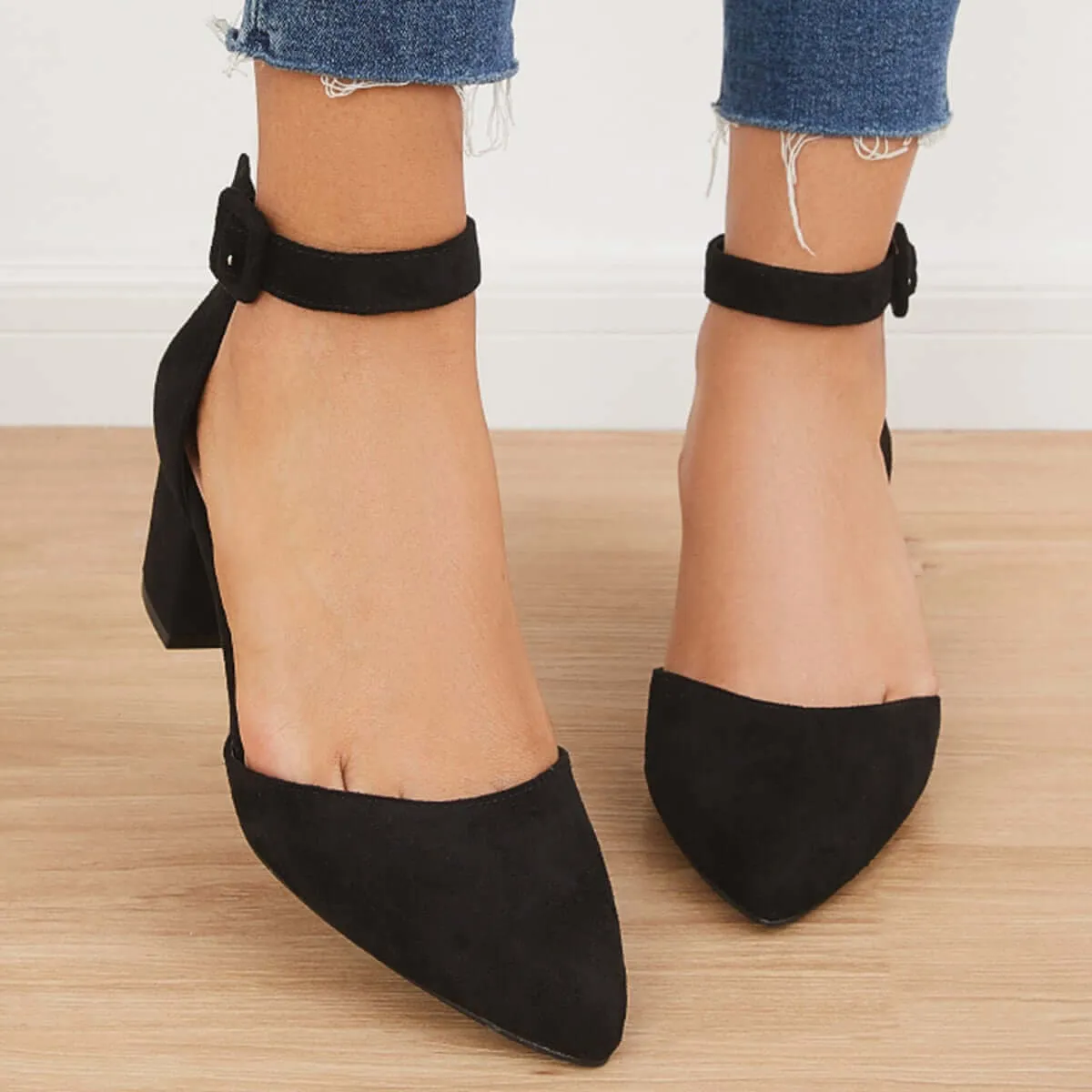 Sohiwoo woman formal Pointed Toe Ankle Strap Pumps Chunky Block Heel Dress Shoes