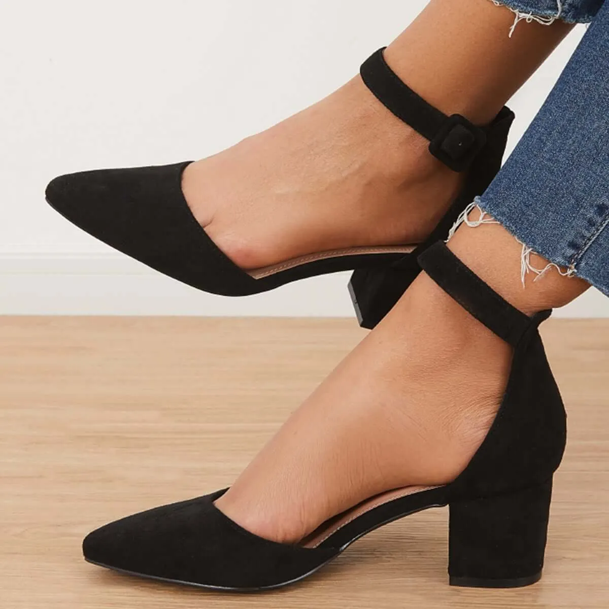 Sohiwoo woman formal Pointed Toe Ankle Strap Pumps Chunky Block Heel Dress Shoes