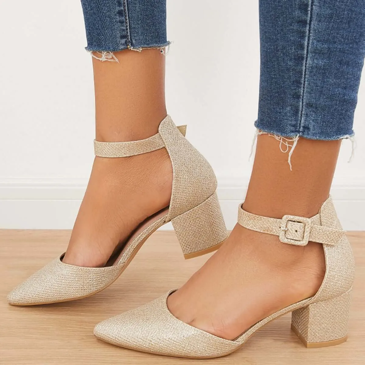 Sohiwoo woman formal Pointed Toe Ankle Strap Pumps Chunky Block Heel Dress Shoes