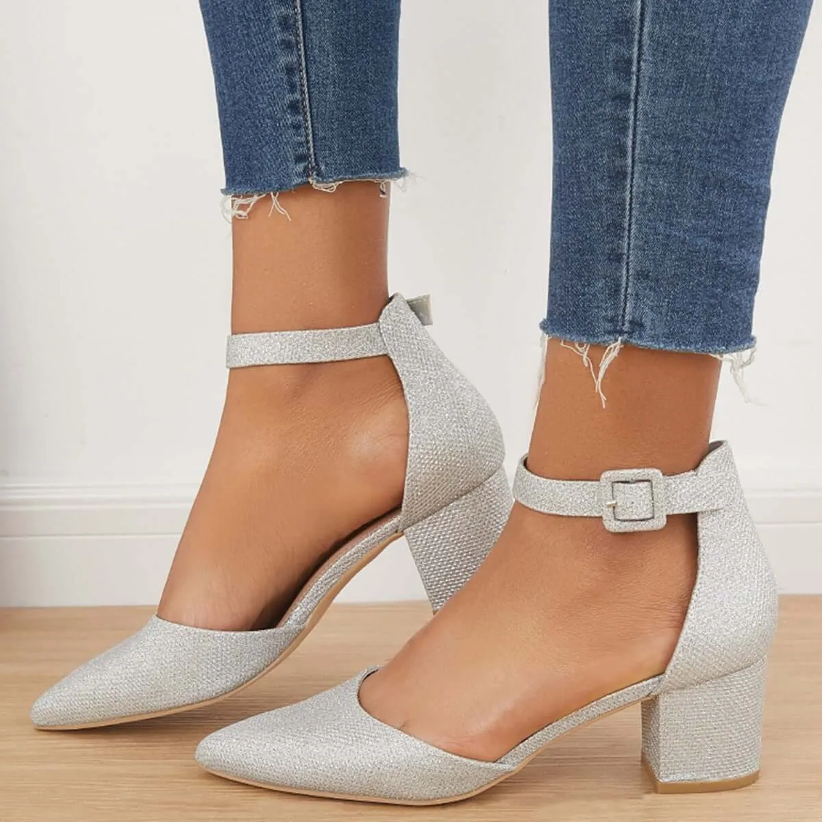 Sohiwoo woman formal Pointed Toe Ankle Strap Pumps Chunky Block Heel Dress Shoes