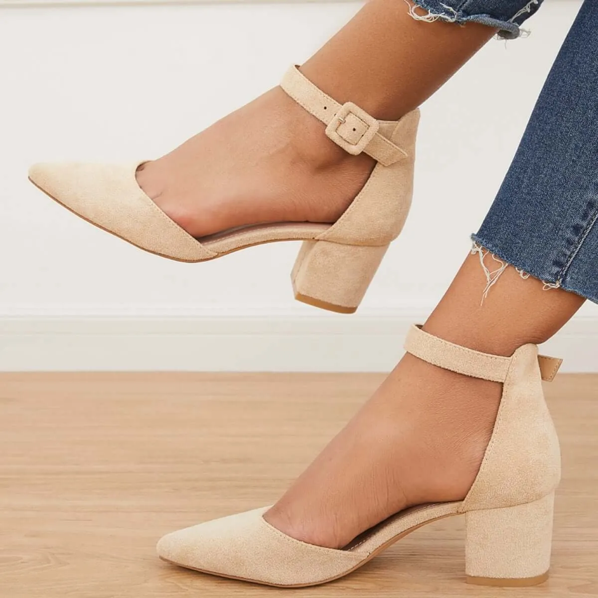 Sohiwoo woman formal Pointed Toe Ankle Strap Pumps Chunky Block Heel Dress Shoes