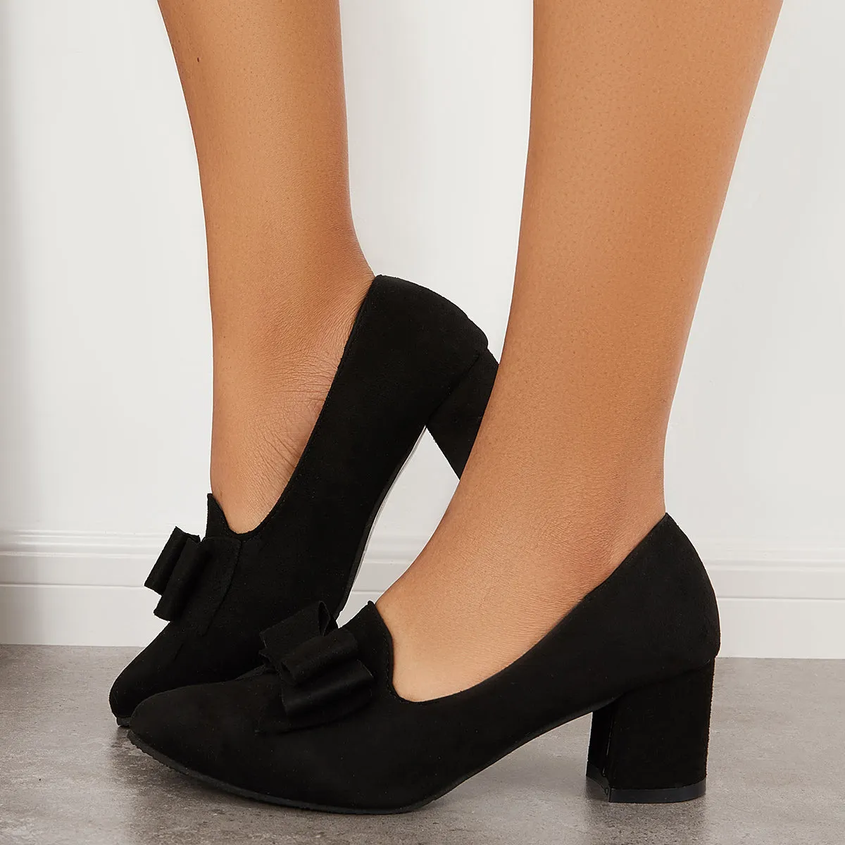 Sohiwoo woman formal Suede Block Heel Pumps Bowknot Round Toe Slip on Dress Shoes
