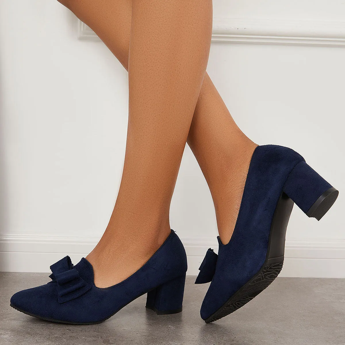Sohiwoo woman formal Suede Block Heel Pumps Bowknot Round Toe Slip on Dress Shoes