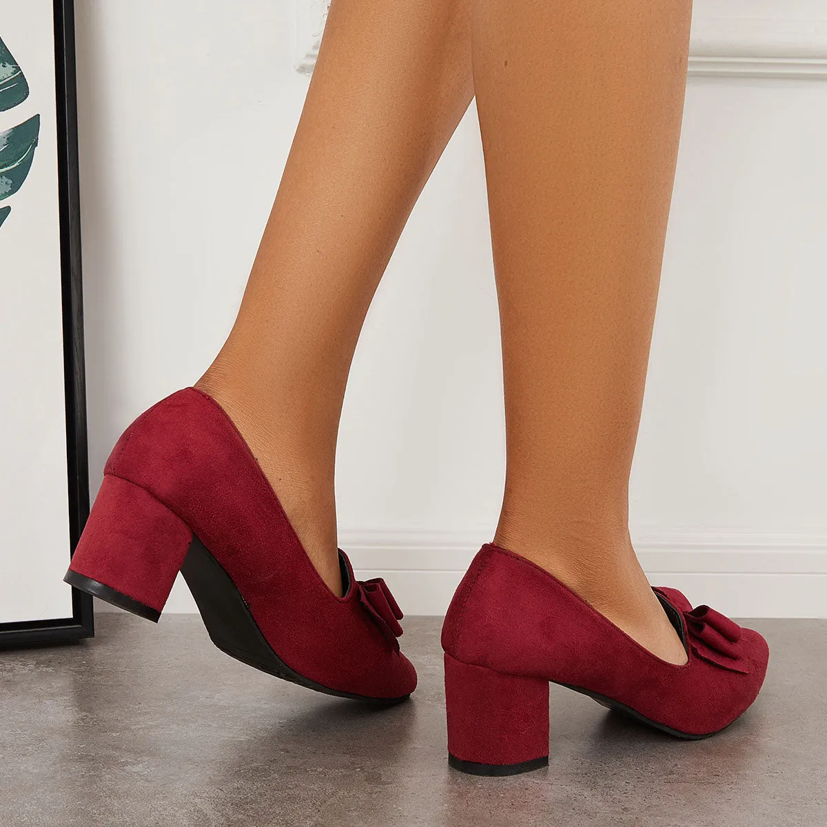 Sohiwoo woman formal Suede Block Heel Pumps Bowknot Round Toe Slip on Dress Shoes