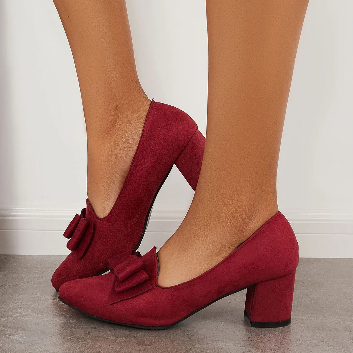 Sohiwoo woman formal Suede Block Heel Pumps Bowknot Round Toe Slip on Dress Shoes